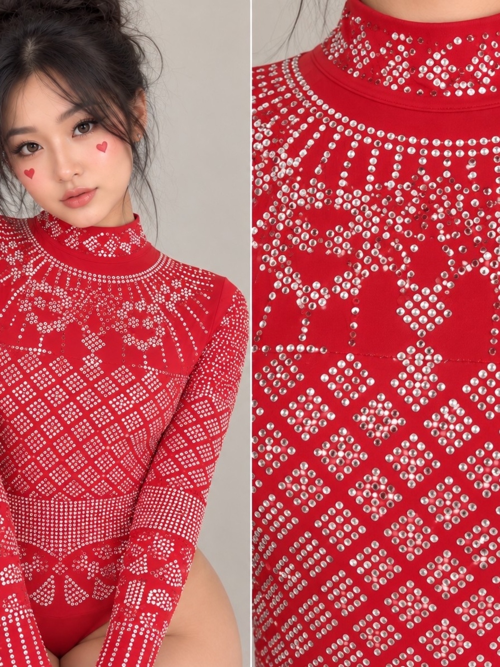 Red Rhinestone Long Sleeve Bodysuit - Picture 2 of 3